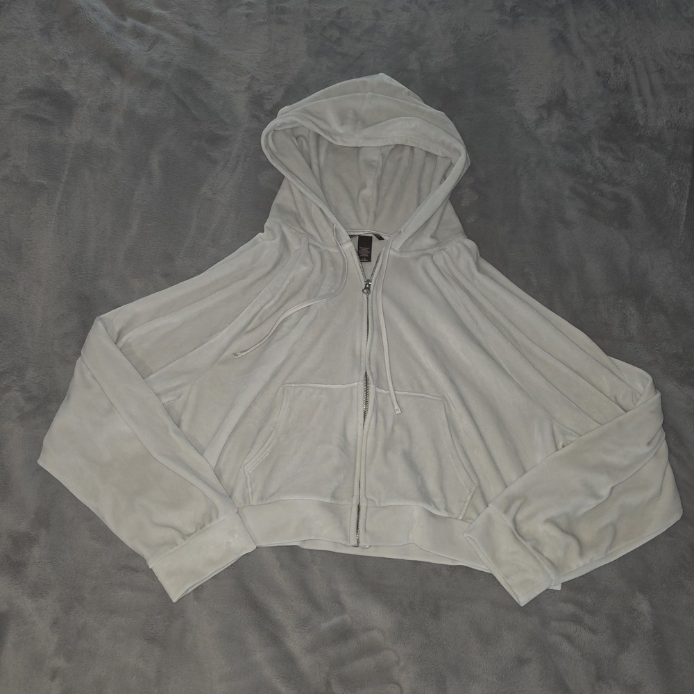 Victoria's Secret Y2K Style Velour Full Zip‎ Hoodie Off White Large Cropped